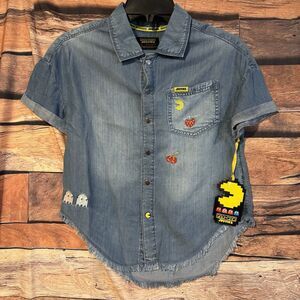 Justice Girls Pac-Man S Chambray Shirt Oversized Button Down Denim Embroidered